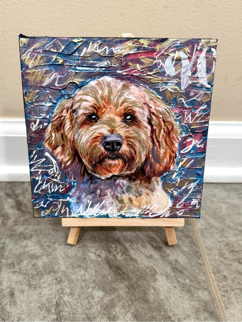 Cockapoo Dog Mixed Media Art On Canvas With Mini Easel Size 6”x6”